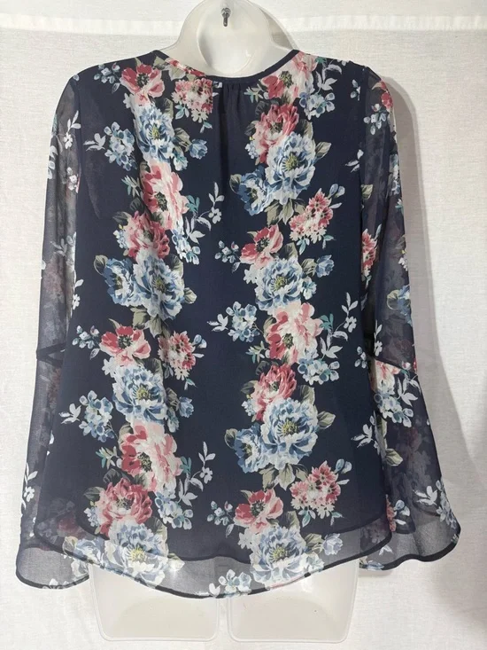 White House Black Market Navy Floral Tie-Front Blouse Size 4 - Picture 6 of 11